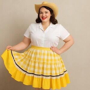 Vtg 1950s Yellow Gingham Square Dance Skirt Western Full Tiered Lace Trim Cotton